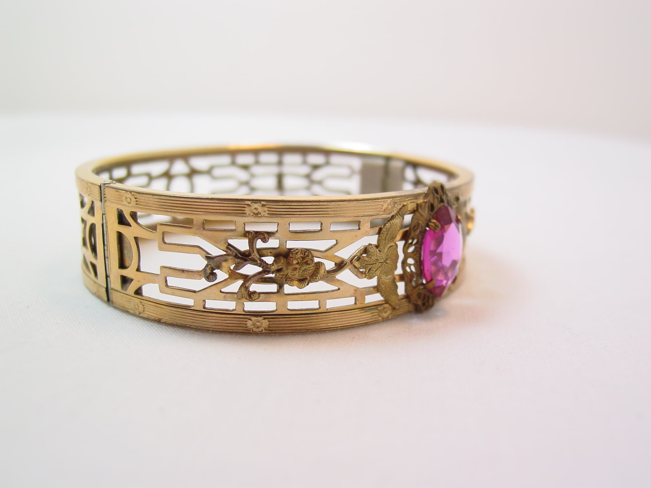 Old Filigree and Magenta Hinged Bracelet - Image 2