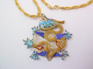 Blue Cloisonne Asian Dragon Necklace