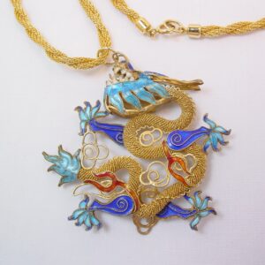 Blue Cloisonne Asian Dragon Necklace