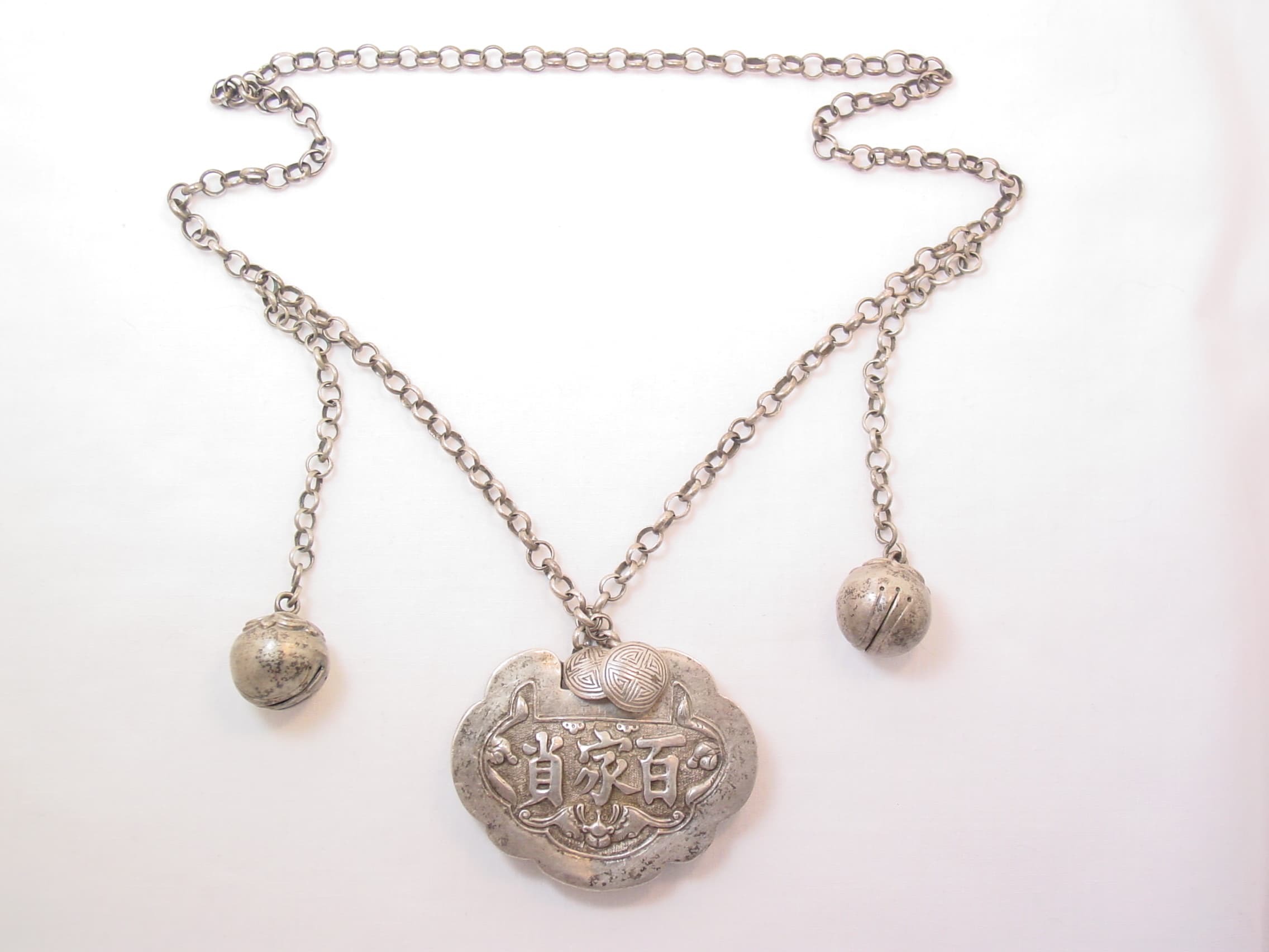 Antique Chinese Good Luck/Longevity Lock Necklace with Bell Charms