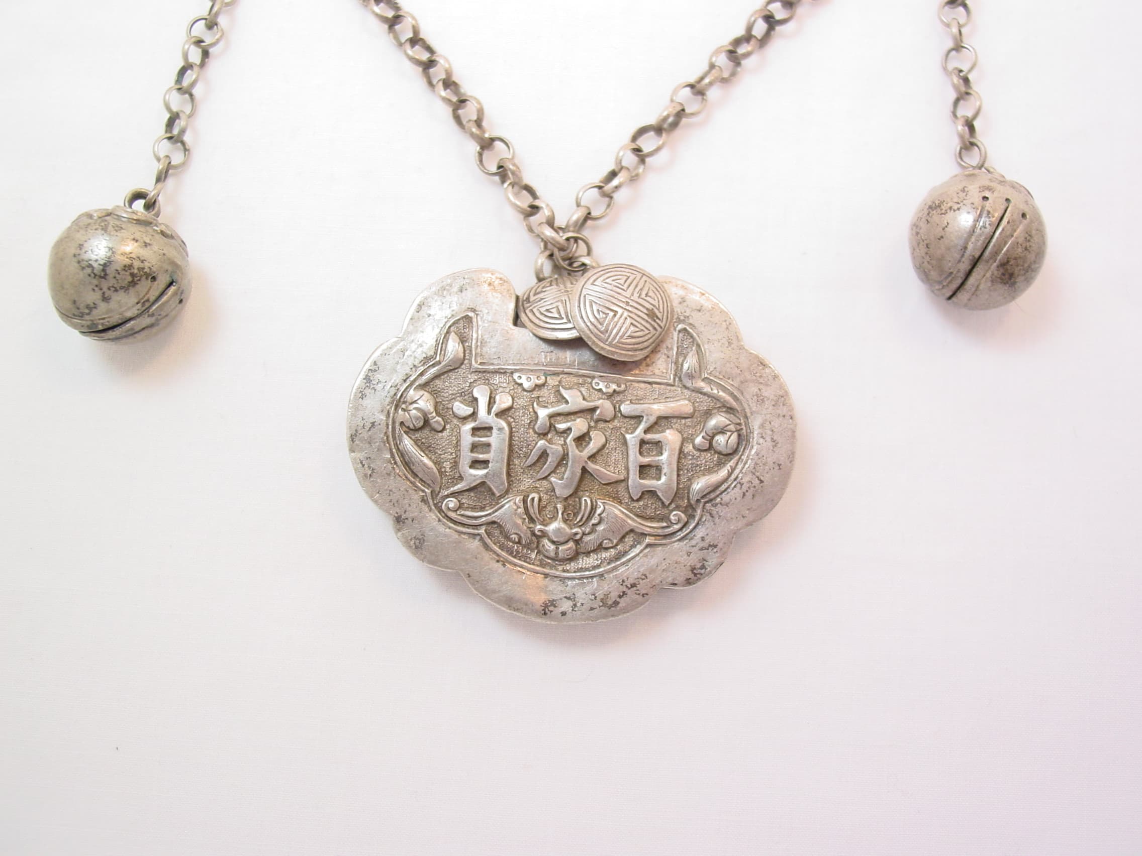 Antique Chinese Good Luck/Longevity Lock Necklace with Bell Charms - Image 2