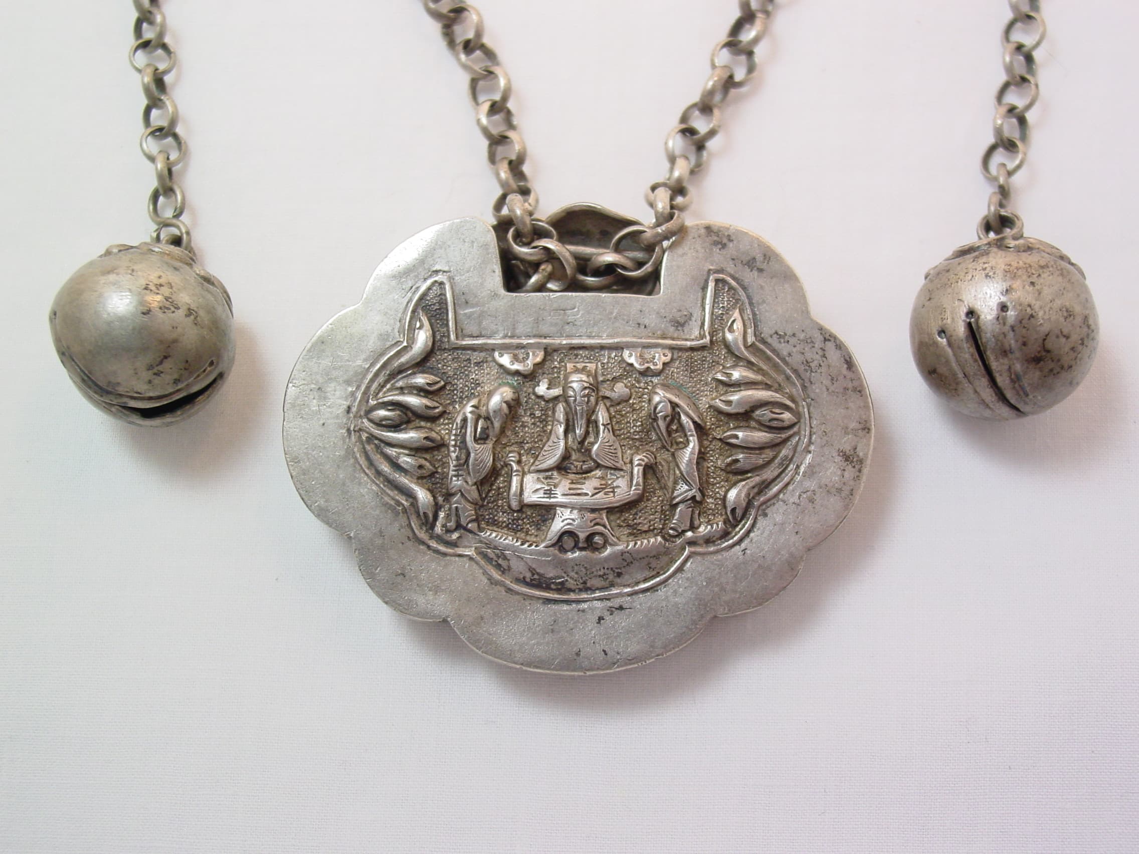 Antique Chinese Good Luck/Longevity Lock Necklace with Bell Charms - Image 3