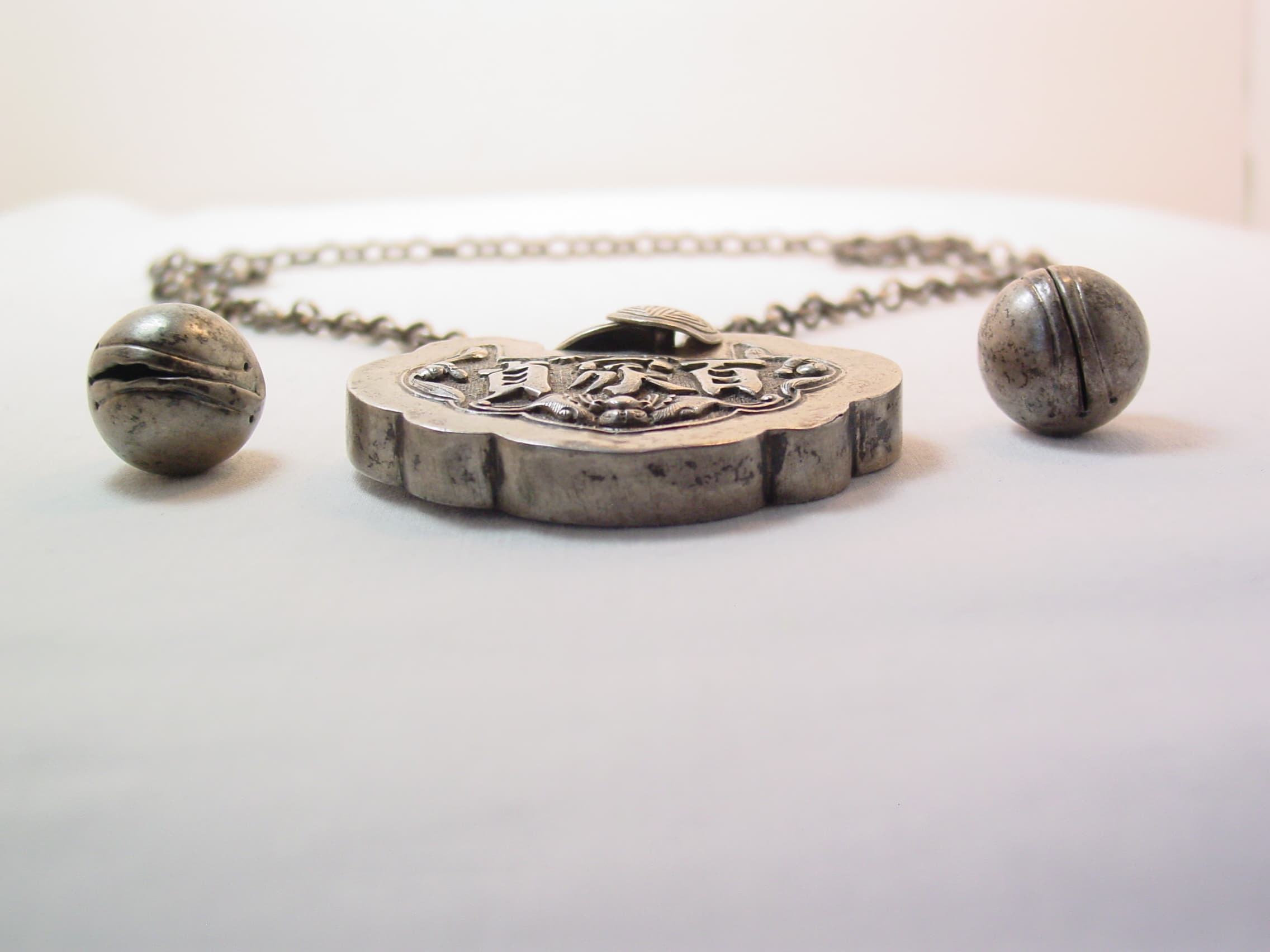 Antique Chinese Good Luck/Longevity Lock Necklace with Bell Charms - Image 4