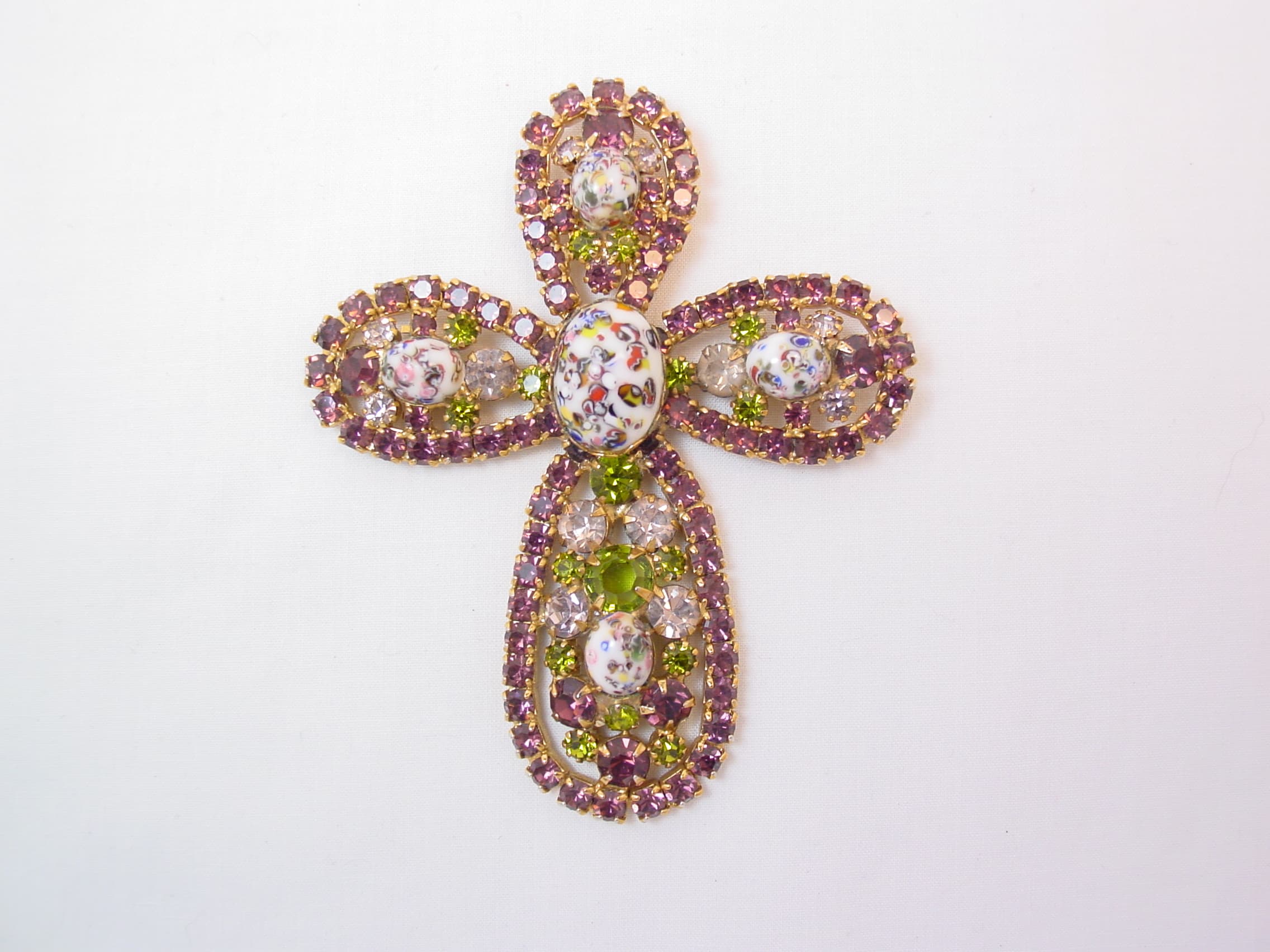 Alice Caviness (?) Purple and Olive Rhinestone Cross Pin - Image 3