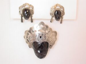 Mexican Onyx and Sterling Tribal Mask Pin and Earrings Set