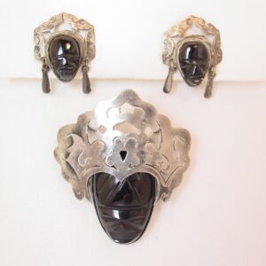Mexican Onyx and Sterling Tribal Mask Pin and Earrings Set