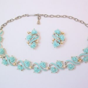 Light Blue Plastic Roses Necklace and Earrings Set