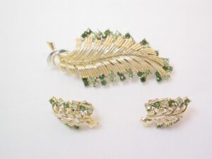 Coro Lime Green and Dark Green Rhinestone Leaf Pin and Earrings Set