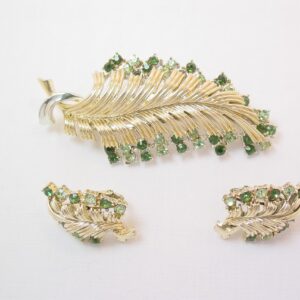 Coro Lime Green and Dark Green Rhinestone Leaf Pin and Earrings Set