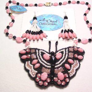 A. Chael Original Pink, White and Black Butterfly Necklace and Earrings Set