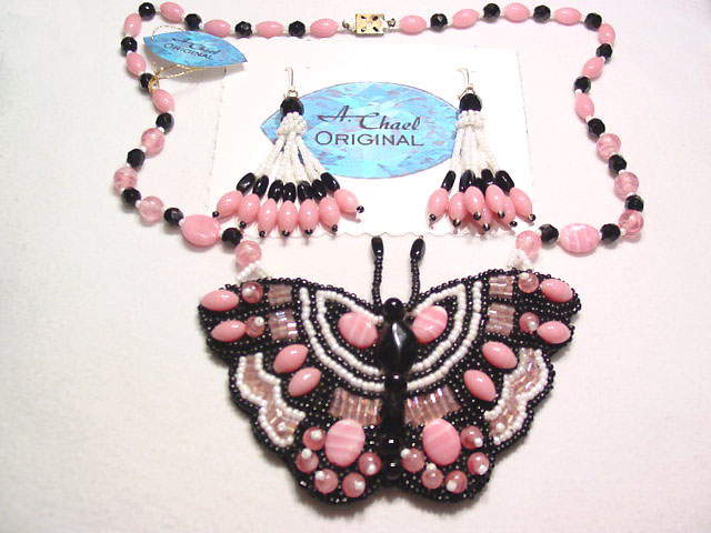 A. Chael Original Pink, White and Black Butterfly Necklace and Earrings Set