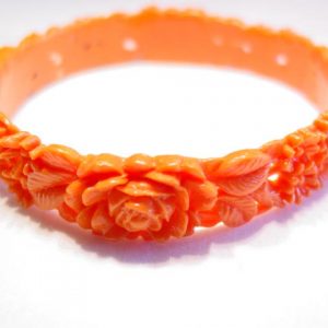 Old Plastic Coral-Colored Flowered Bangle Bracelet
