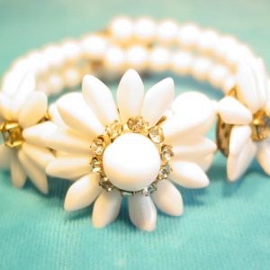 Old White Milk Glass Flower Wire Bracelet