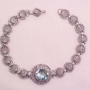 Gorgeous Old Silvertone Filigree and Aquamarine Bracelet