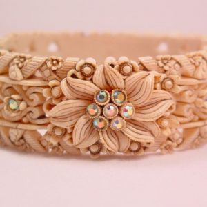 Old Plastic Ivory-Colored Filigree Hinged Bracelet