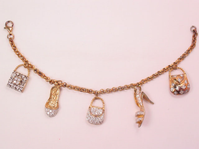 Rhinestone Purses and Shoes Sterling Charm Bracelet