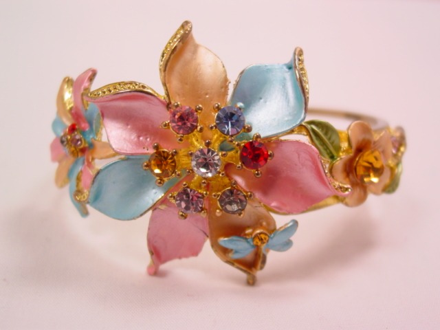 Pink and Blue Floral Hinged Bracelet