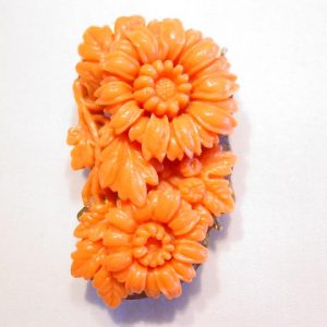 Chrysanthemum and Leaves Old Orange Plastic Dress Clip