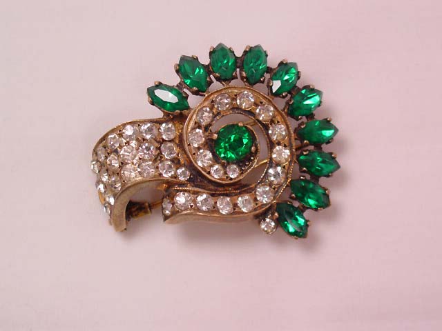 Sterling Eisenberg Original Green and Clear Rhinestone Dress Clip