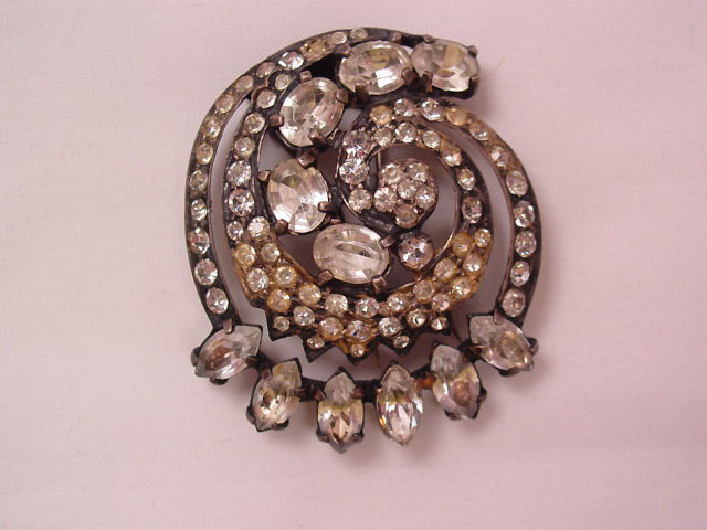 Old Round Sterling Eisenberg Original Clear Rhinestone Dress Clip