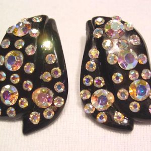 Black Plastic and Aurora Borealis Earrings
