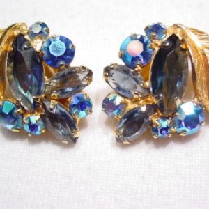 Bright Blue Rhinestone and Leaf Weiss Earrings