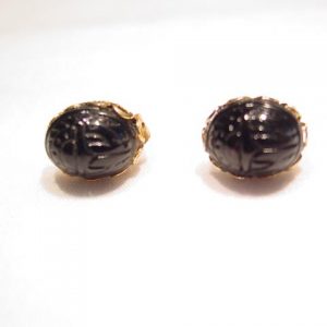 Tiny Black Glass Scarab Pierced Earrings
