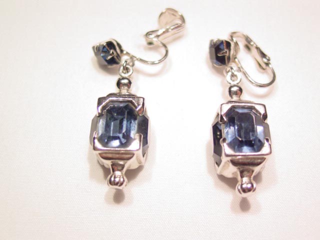 Square Navy and Silvertone Earrings