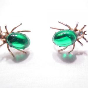 Green Rhinestone and Sterling Bug Earrings