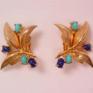 Jomaz Blue and Brushed Goldtone Leaf Earrings