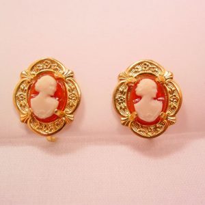 Orange and White Plastic Cameo Earrings with Fancy Goldtone