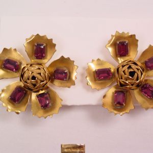 Purple Rhinestone and Satin Goldtone Sterling Flower Earrings
