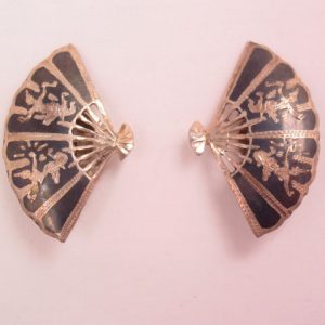 Sterling and Black Enamel Fan and Siamese Dancers Earrings
