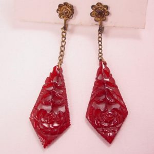 Beautiful Old Opaque Cherry Amber Bakelite Floral Earrings