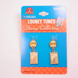 1997 Warner Bros. Bugs Bunny 32c Postage Stamp Dangling from Tasmanian Tasmanian Devil Head Pierced Earrings