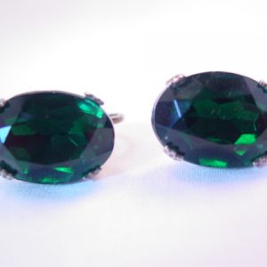 Huge Emerald-Green Oval Rhinestone and Sterling Earrings