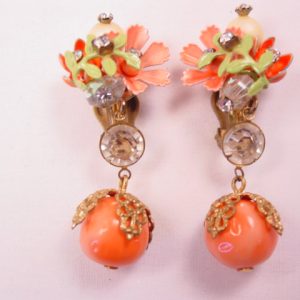 Melon-Colored Enameled Flowers Dangling Earrings