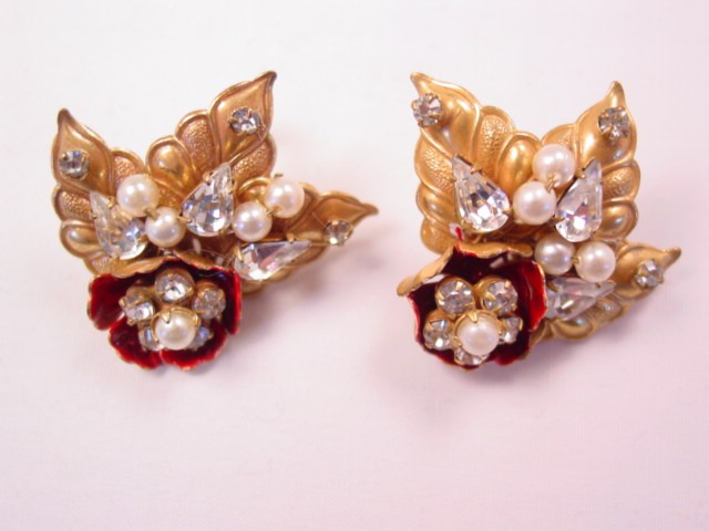 Large Red Flower and Leaf Earrings by Robert