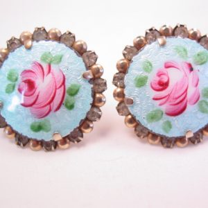 Enamel Rose on Blue Earrings