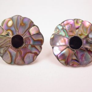 Vibrant Abalone and Onyx Sterling Mexico Earrings