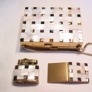 Mother of Pearl Basket Weave Patterned Purse, Picture Frame, and Lighter Set