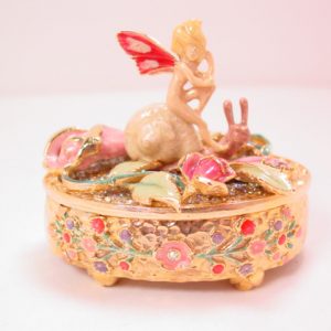 Kirks Folly Pixie Riding a Snail Jewelry Box in Original Box