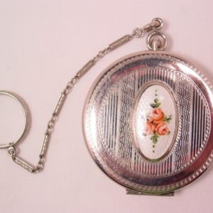 Enameled Rose and Silvertone Compact on Finger Ring