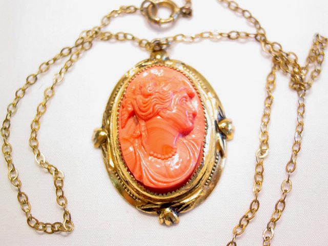 Sterling Coral-Colored Glass Coro Cameo Necklace