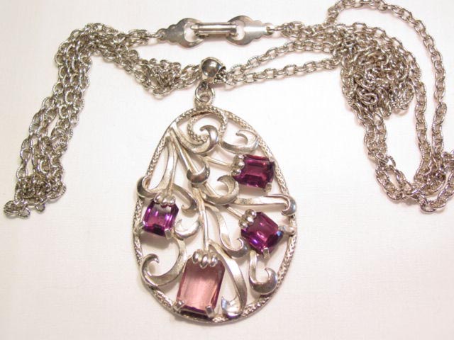 Pot Metal and Purple Rhinestone Floral Necklace