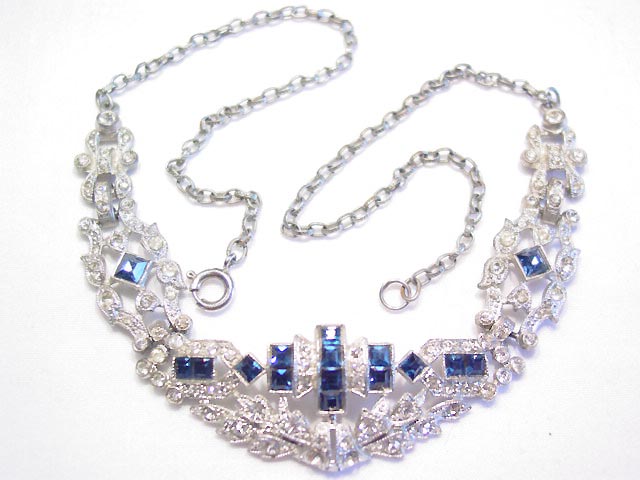 Vintage Clear and Sapphire-Blue Rhinestone Pot Metal Necklace
