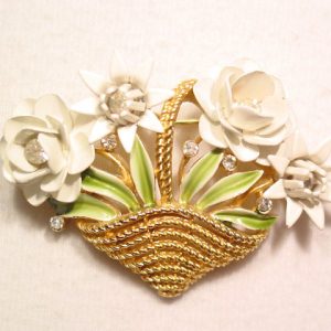 White Enamel Floral Trifari Basket Pin