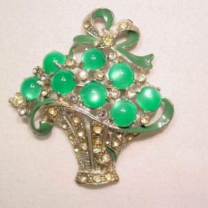 Green Moonstone and Enamel Basket Pin