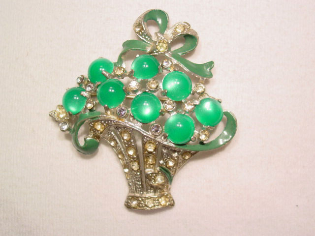 Green Moonstone and Enamel Basket Pin