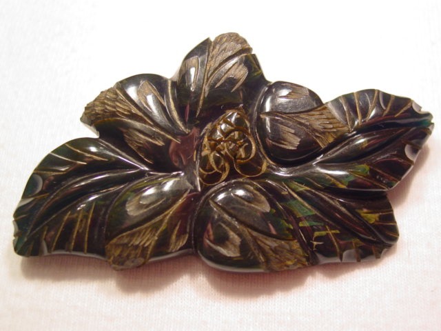 Beautiful Carved Dark Blue Bakelite Flower Pin